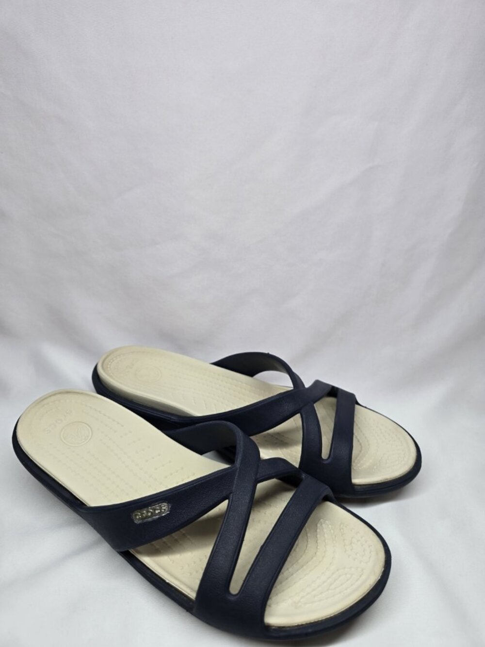 CROCS Patricia II Womens Size 9 Blue/Beige Criss Cross Low Wedge Sandals